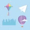 Sky kite hot air balloon cloud paper plane and cityscape icons