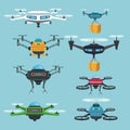 Sky landscape background set quadrocopters and drones