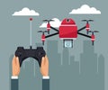 Sky landscape with buildings scene and people handle remote control with red four airscrew flying and camera