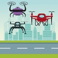 Sky landscape with buildings and street scene with modern robot drones with two airscrew flying and base Royalty Free Stock Photo