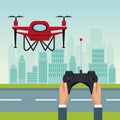 Sky landscape with buildings and street scene with people handle remote control with red drone with two airscrew flying