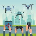 Sky landscape with buildings and street scene with people handle remotes control with set robot drones with two airscrew Royalty Free Stock Photo