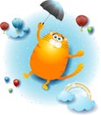 Sky landscape with flying fat cat with umbrella. Royalty Free Stock Photo