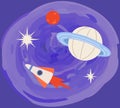 Sky landscape with rocket and planets. Spaceship flying among celestial objects and stars in space Royalty Free Stock Photo