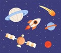 Sky landscape with rocket and planets. Spaceship flying among celestial objects and stars in space Royalty Free Stock Photo