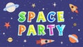 Sky landscape with rocket and planets. Spaceship flying among celestial objects and stars in space. Space party Royalty Free Stock Photo