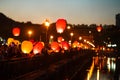 Sky Lantern Festival. Flying lantern in the dark sky at night Royalty Free Stock Photo