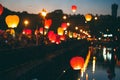 Sky Lantern Festival. Flying lantern in the dark sky at night Royalty Free Stock Photo