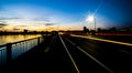 Sky line of part of the city of Boston at night, crossing one of the Charles river`s bridges Royalty Free Stock Photo