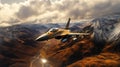 Sky military fighter jet flies amidst clouds over picturesque mountain range with snow-capped peaks Royalty Free Stock Photo