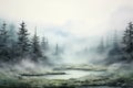 Forest water nature tree background morning watercolor season landscape sky beauty lake fog Royalty Free Stock Photo