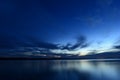 Sky of the night  in the brightly lit glow of sunlight  over the quiet blue surface of the lake water Royalty Free Stock Photo