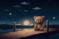 sky night lake gre bridge wooden pier edge bear cute kawaii