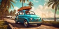 retro vintage summer car vacation tropical trip road travel beach. Generative AI.