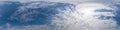 Blue sky panorama with Cumulus clouds. Seamless hdr 360 degree pano in spherical equirectangular format. Complete zenith Royalty Free Stock Photo