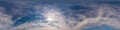 Blue sky panorama with Cirrus clouds. Seamless hdr 360 degree pano in spherical equirectangular format. Complete zenith Royalty Free Stock Photo