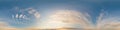 Dark blue sunset sky panorama with Cirrus clouds. Seamless hdr pano in spherical equirectangular format. Complete zenith Royalty Free Stock Photo