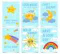 Sky posters. Twinkle little star, Good night and Sweet dreams card. Sleepy moon, clouds and stars, happy sun and rainbow