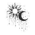 Sky print print, sun and crescent moon with bead and star embellishments. Vector illustration isolated on white Royalty Free Stock Photo