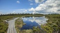 Sky with pure white clouds reflected in the Ribnica Lake in Slovenia