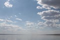 The sky reflected in the water, deserted beach lake, summer sky, nature, blue cloud,