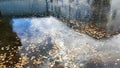 Sky reflection in puddle water asphalt after rain bubbles rainy season autumn leaves fall building reflection on water Royalty Free Stock Photo