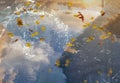 Autumn Sky reflection in puddle water asphalt after rain bubbles rainy season autumn leaves fall building reflection on water Royalty Free Stock Photo