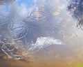 Sky reflection in puddle water asphalt after rain bubbles rainy season autumn leaves fall building reflection on water Royalty Free Stock Photo