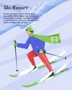 Sky resort vector flat banner template. Happy man in warm clothes skiing. Young sportsman riding downhill