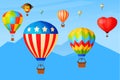 Sky romantic flight, balloons fly over mountain range, banner journey trip aerostat basket postcard flat vector