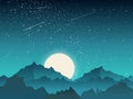 Sky scenery landscape, mountains peak with moon and meteor at night