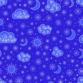 Sky seamless pattern with stars clouds sun and moon Royalty Free Stock Photo