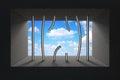 Sky Seen Through Broken Jail Bars in Prison Window. 3d Rendering