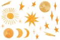 Sky set with yellow stars, moon, sun, comet. Watercolor hand drawn space elements Royalty Free Stock Photo