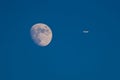 Moon and flying airplane in clear blue sky Royalty Free Stock Photo