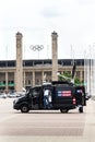 Sky Sports television production truck stands in front of Olympic stadiumin Berlin, Germany