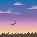 Sky sunset flying birds clouds foliage nature background Royalty Free Stock Photo