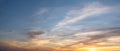 sky sunset. Real amazing panoramic sunrise or sunset sky with gentle colorful clouds. wide panorama. Panorama of orange sunset sky Royalty Free Stock Photo