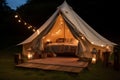luxury travel canvas vacation glamping forest light tent nature camping. Generative AI.