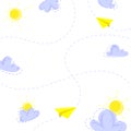 Sky themed frame with yellow paper planes, blue clouds, sun, and dotted flight lines on white background Vector Royalty Free Stock Photo