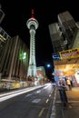 The Sky Tower, Auckland New Zealand, at night. Seen from street level