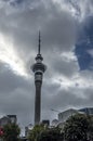 Sky Tower dominates view of Aukland, New Zealand. The top restaurant rotates once every 45 min