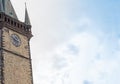 Sky tower gothic clock, historical building pointed roof close-up Prague Czech Republic 2017