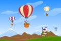 Sky travel, vector illustration, people man woman character at air balloon travel, happy couple fly near castle, nature Royalty Free Stock Photo