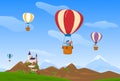 Sky travel, vector illustration, people man woman character at air balloon travel, happy couple fly near castle, nature Royalty Free Stock Photo