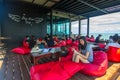 Sky view cafe, Chanthaburi, Thailand. May 31, 2020 : Bright atmosphere, Tourists sitting happily at viewpoint of sky view cafe,