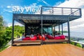 Sky view cafe, Chanthaburi, Thailand. May 31, 2020 : Bright atmosphere, Tourists sitting happily at viewpoint of sky view cafe,