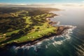 sky view of a coastal golf course with ocean backdrop Royalty Free Stock Photo