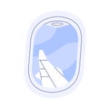 Sky view through porthole in air plane. Airplane window during flight, travel. Aircraft wing and day skyscape at