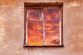 Sky view through the window of the ancient destroyed house